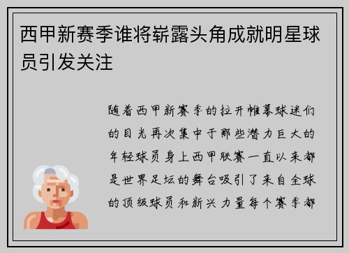 西甲新赛季谁将崭露头角成就明星球员引发关注
